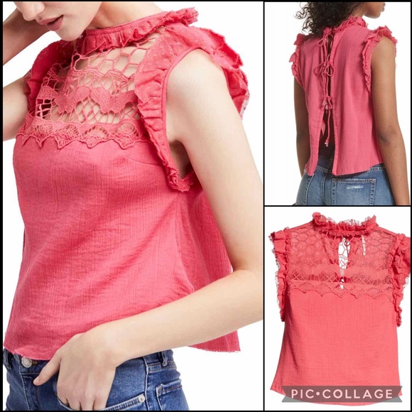 Free People Hot Pink Crochet Gauzy Peasant Mesh Ruffle Blouse Top - Picture 2 of 7